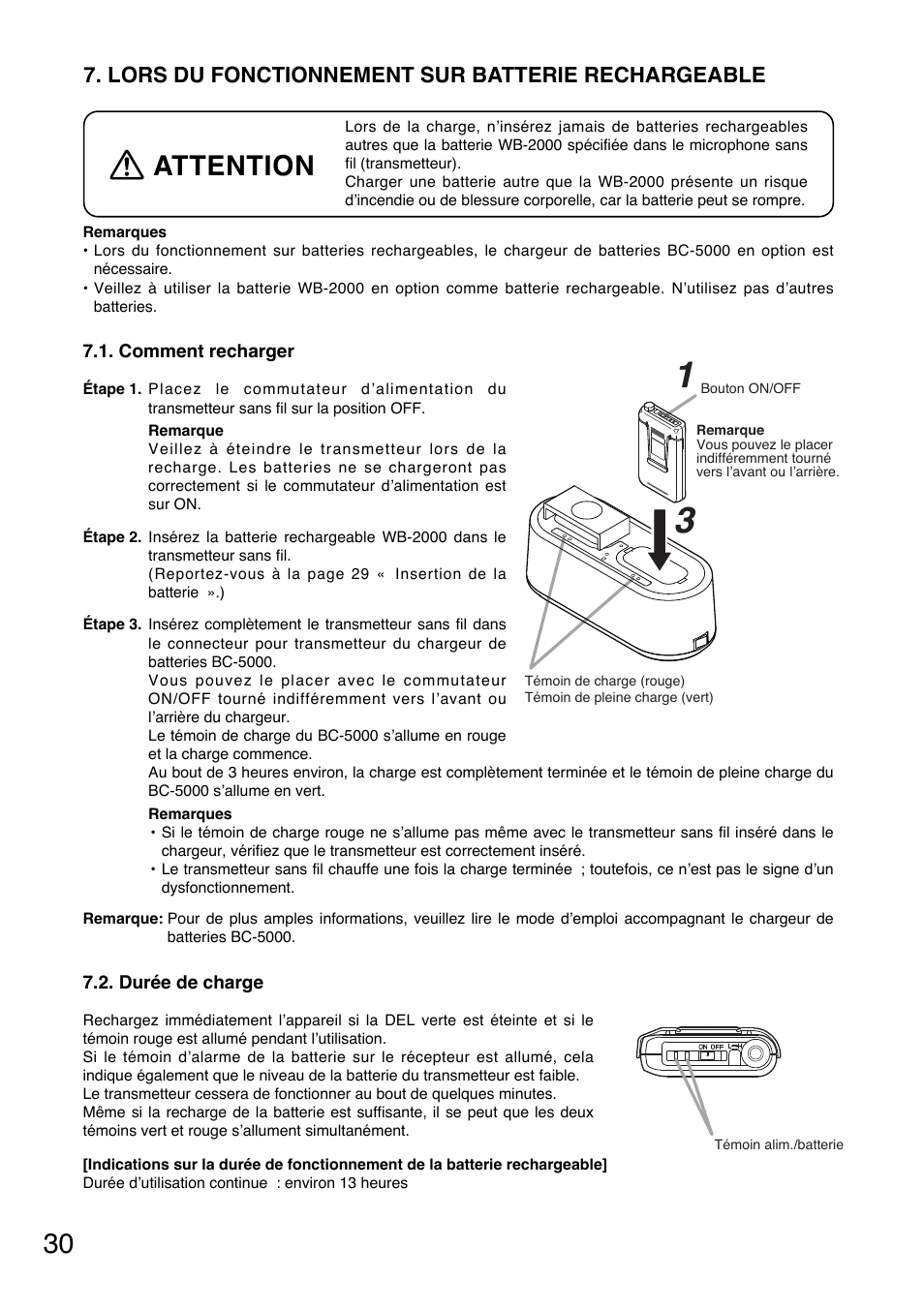 Attention, Lors du fonctionnement sur batterie rechargeable | Toa WM-5325 User Manual | Page 30 / 64