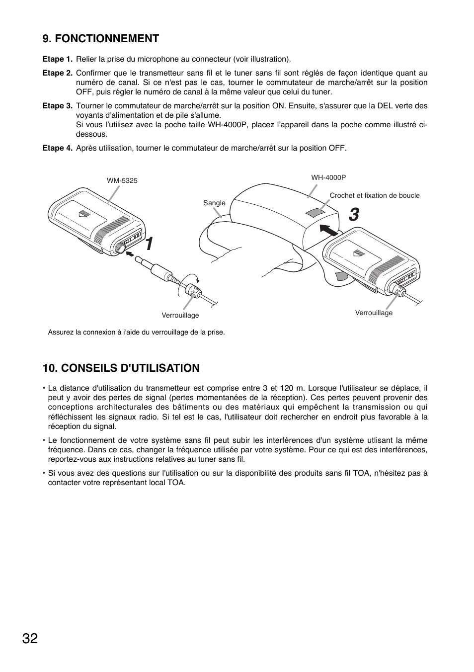 Fonctionnement, Conseils d'utilisation | Toa WM-5325 User Manual | Page 32 / 64