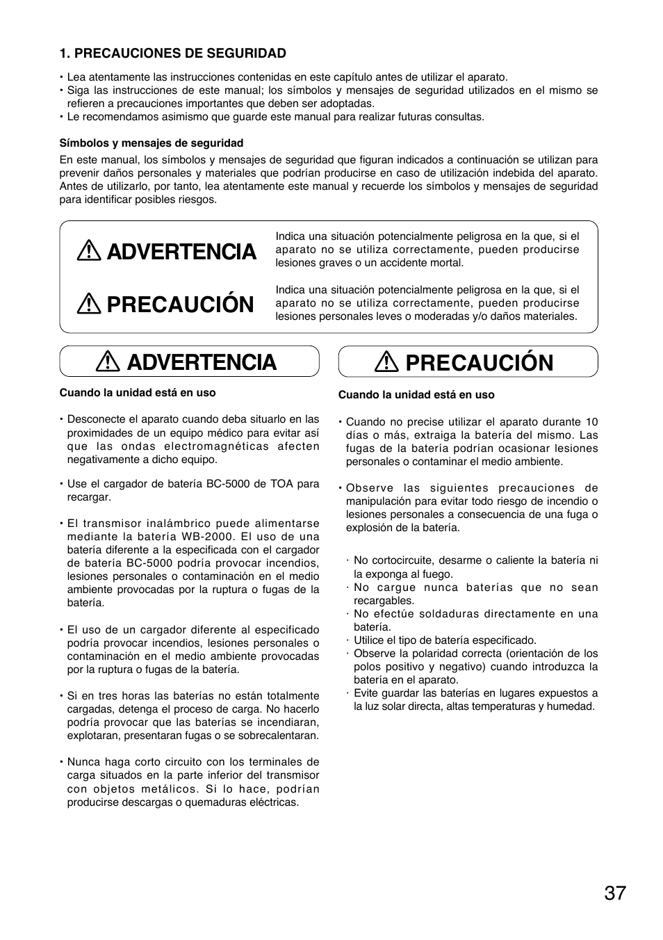 Advertencia precaución, Advertencia, Precaución | Toa WM-5325 User Manual | Page 37 / 64