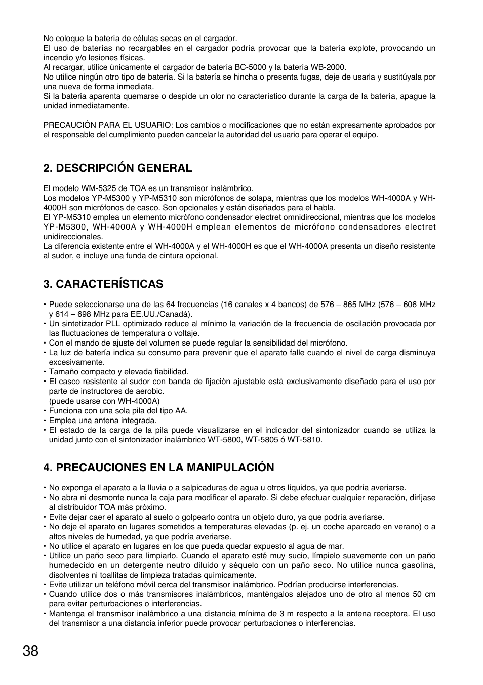 Descripción general, Características, Precauciones en la manipulación | Toa WM-5325 User Manual | Page 38 / 64