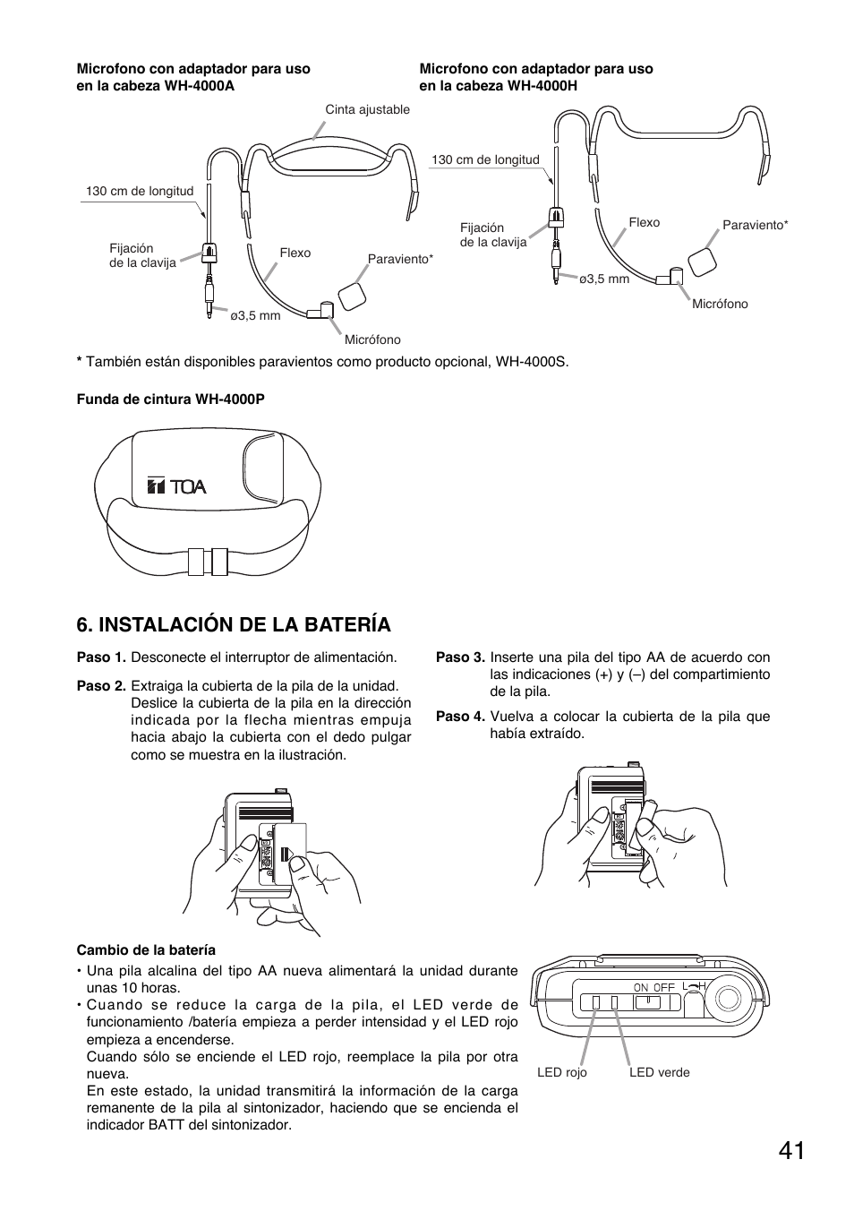 Instalación de la batería | Toa WM-5325 User Manual | Page 41 / 64