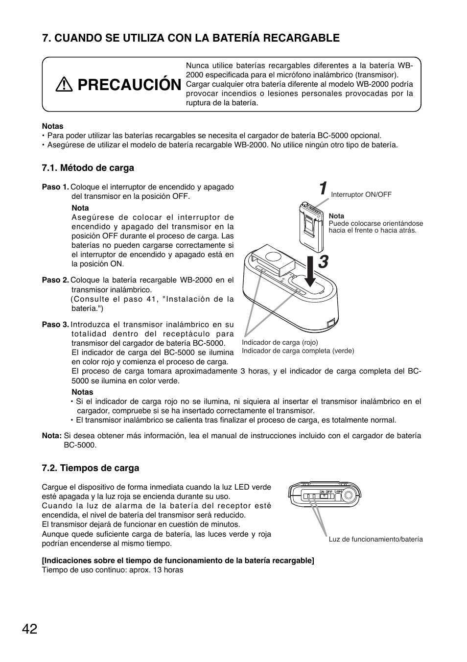 Precaución, Cuando se utiliza con la batería recargable | Toa WM-5325 User Manual | Page 42 / 64