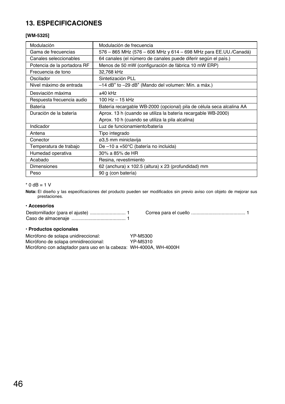 Especificaciones | Toa WM-5325 User Manual | Page 46 / 64