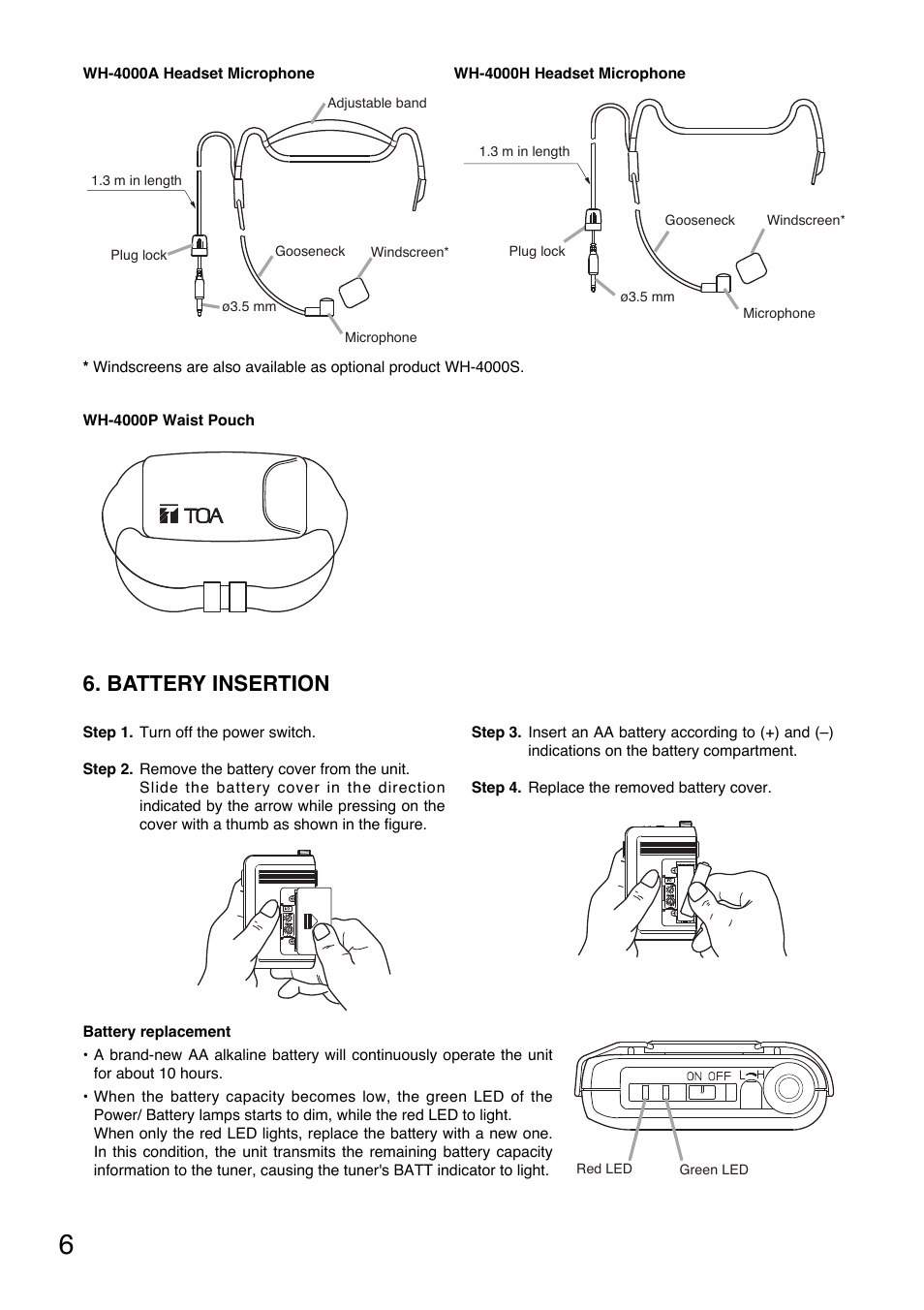 Battery insertion | Toa WM-5325 User Manual | Page 6 / 64