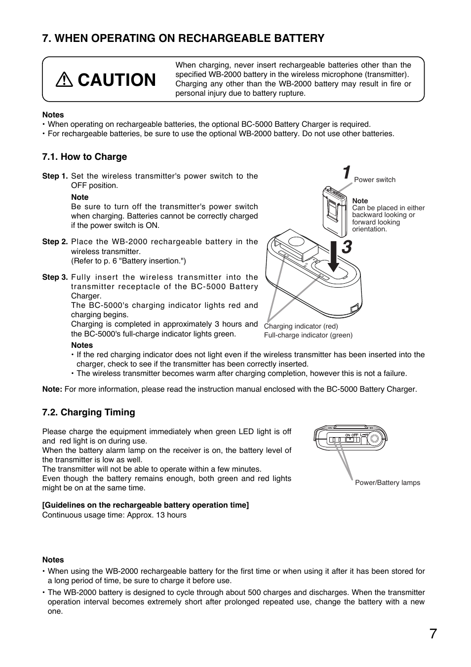 Caution, When operating on rechargeable battery | Toa WM-5325 User Manual | Page 7 / 64