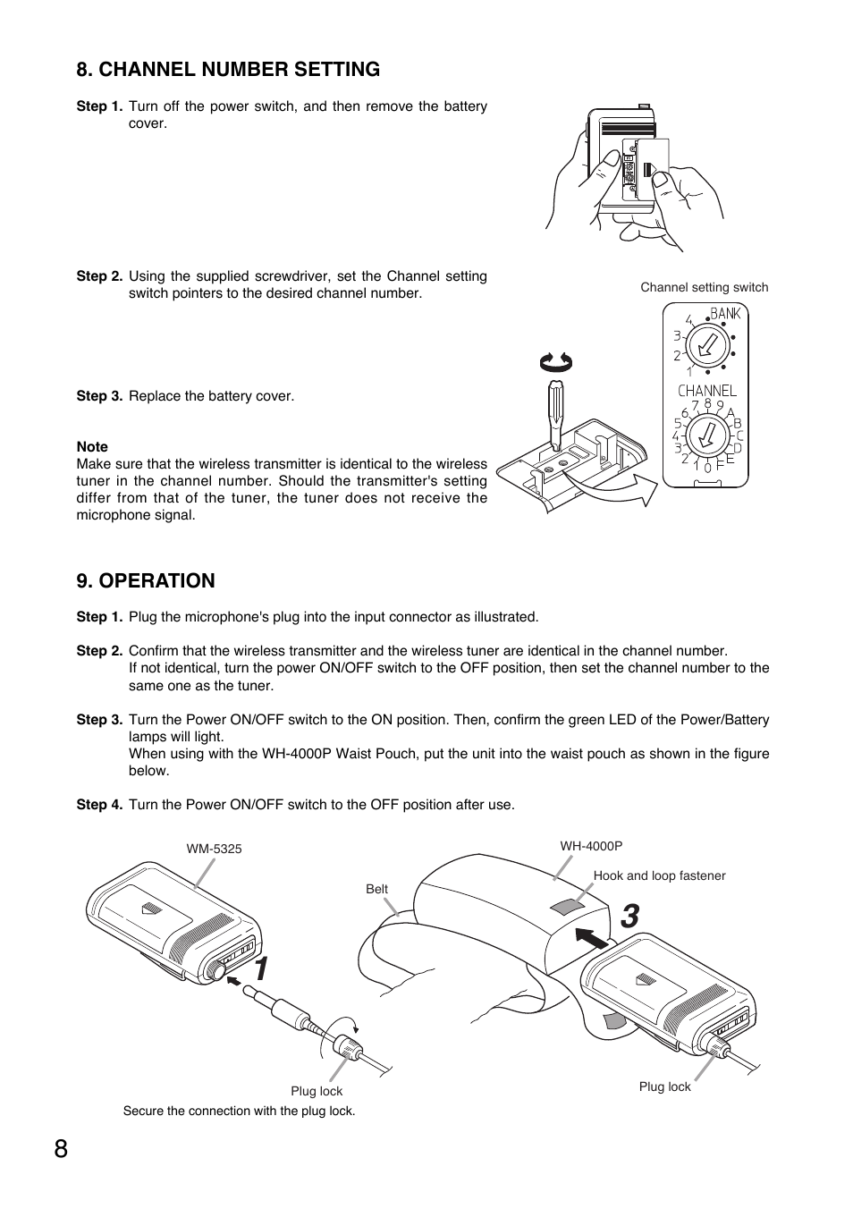 Operation, Channel number setting | Toa WM-5325 User Manual | Page 8 / 64