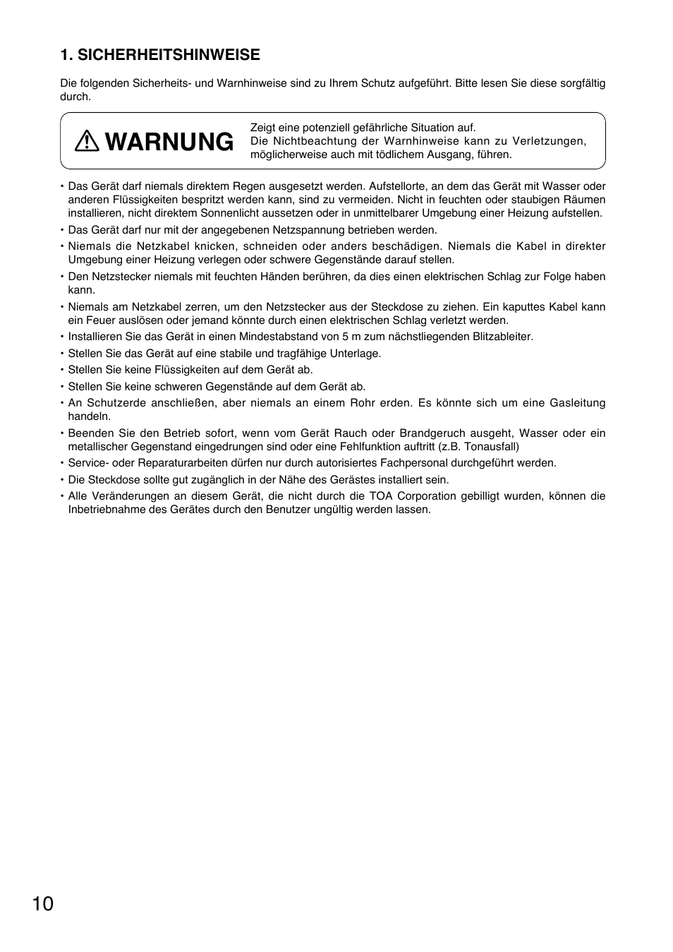 Warnung, Sicherheitshinweise | Toa WT-5810 User Manual | Page 10 / 45