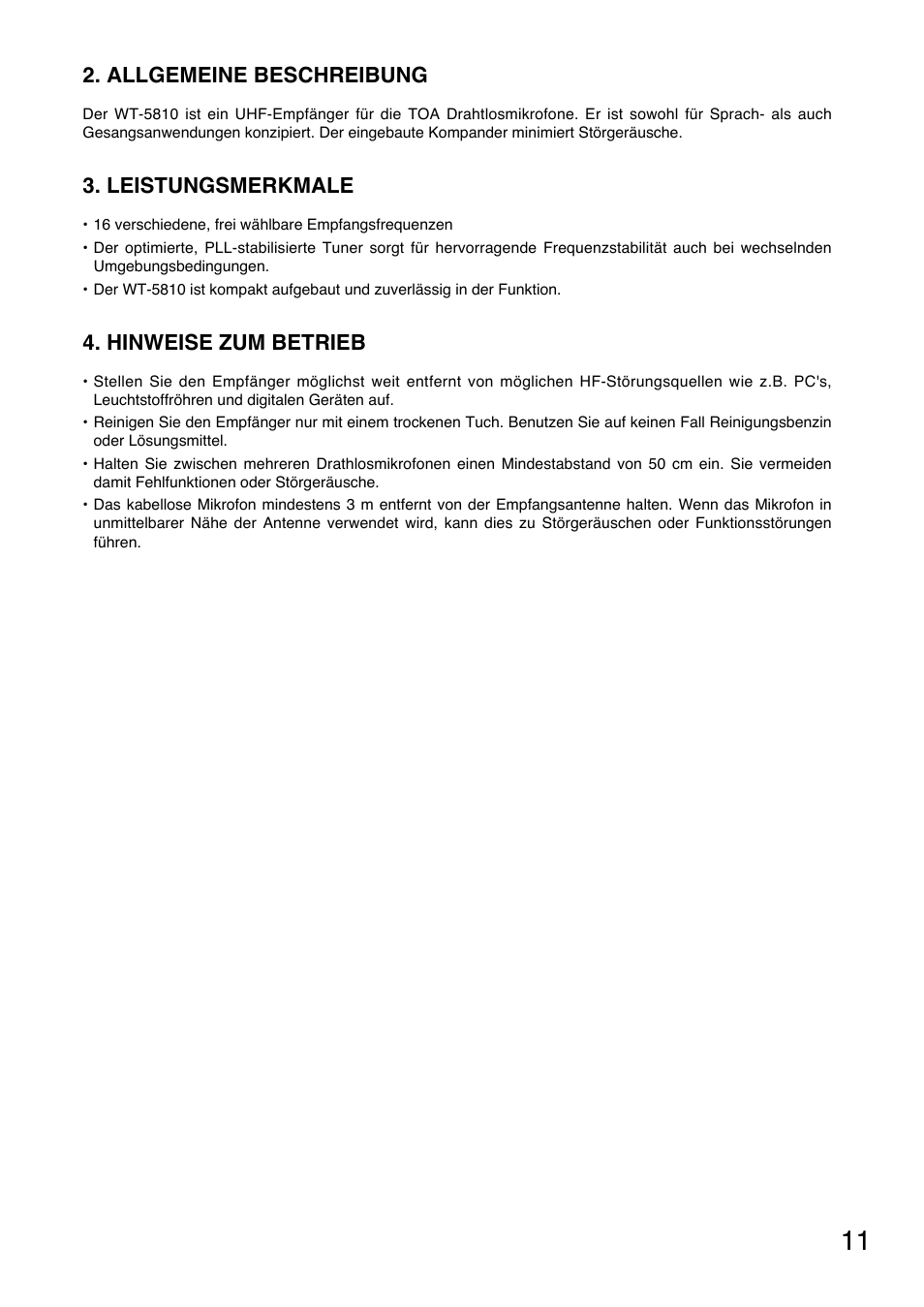 Allgemeine beschreibung, Leistungsmerkmale, Hinweise zum betrieb | Toa WT-5810 User Manual | Page 11 / 45