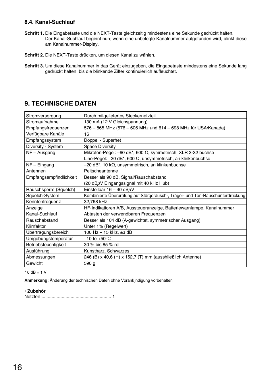 Technische daten, Kanal-suchlauf | Toa WT-5810 User Manual | Page 16 / 45