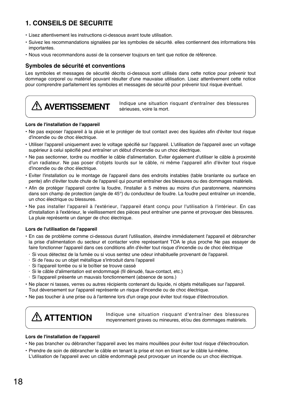 Attention, Avertissement, Conseils de securite | Toa WT-5810 User Manual | Page 18 / 45