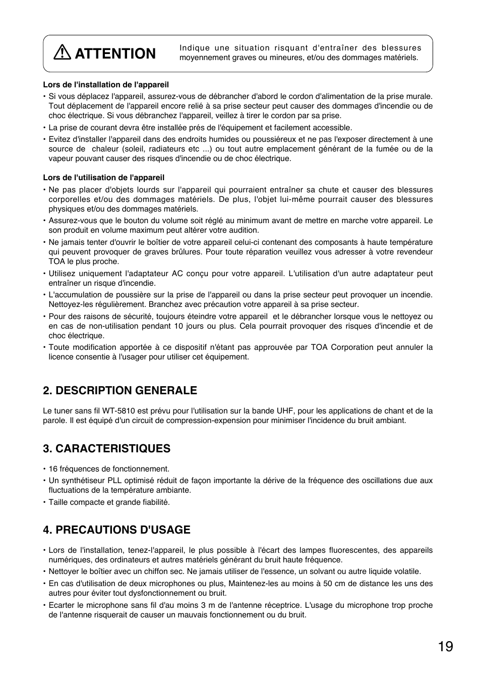 Attention, Description generale, Caracteristiques | Precautions d'usage | Toa WT-5810 User Manual | Page 19 / 45