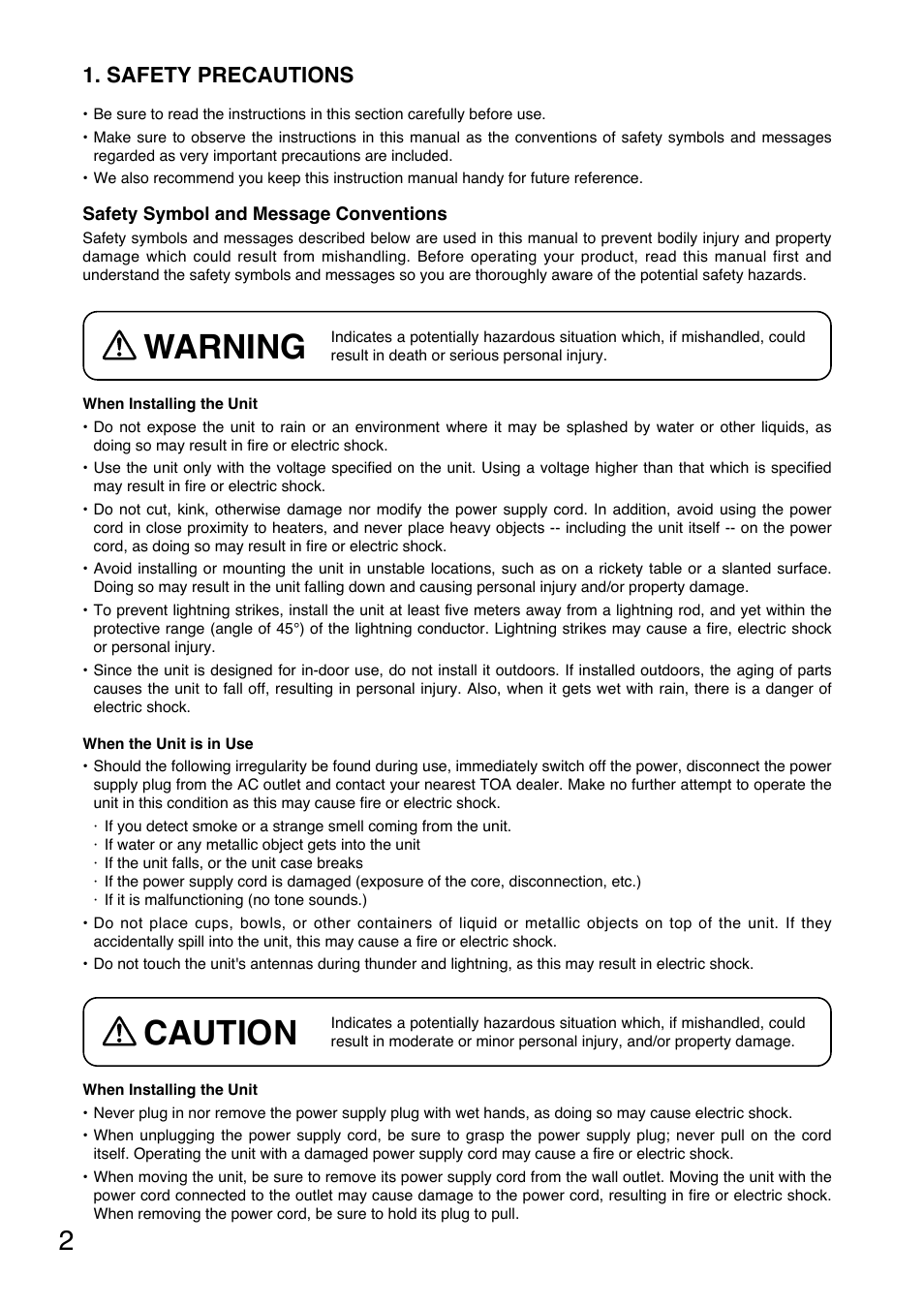 Warning, Caution, Safety precautions | Toa WT-5810 User Manual | Page 2 / 45