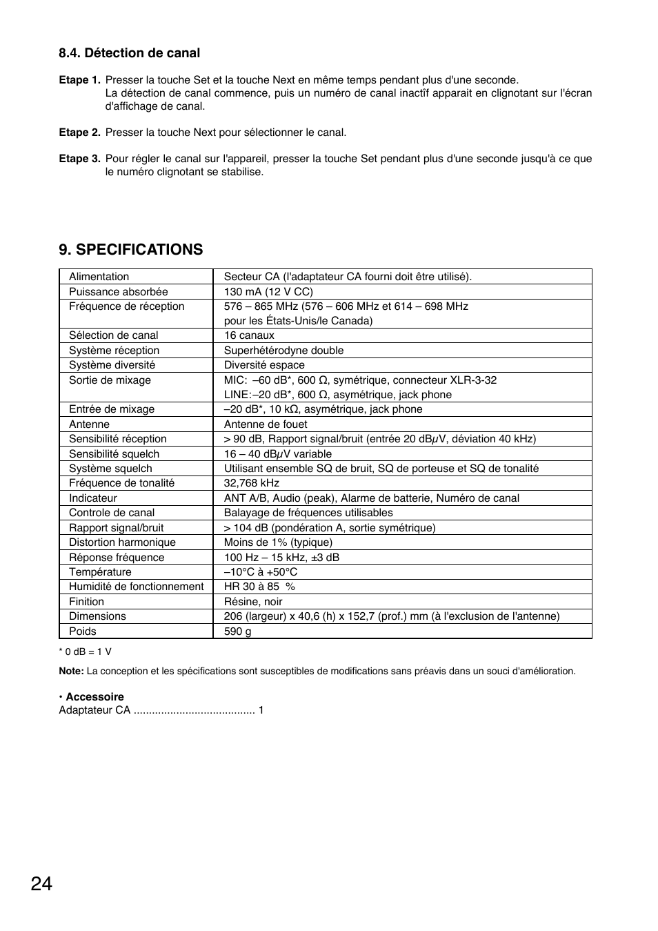 Specifications, Détection de canal | Toa WT-5810 User Manual | Page 24 / 45