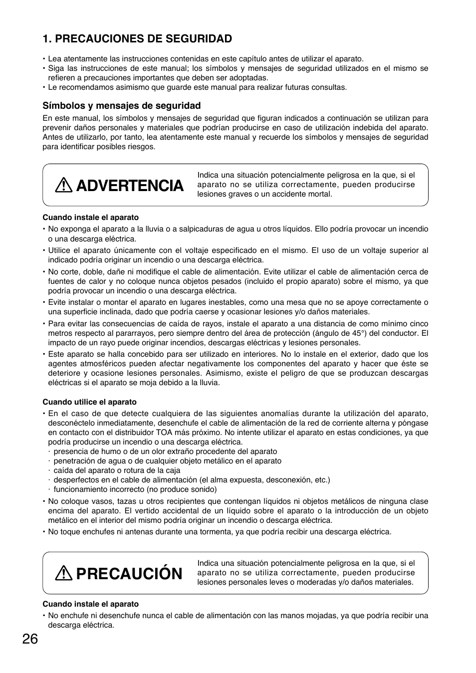 Advertencia, Precaución, Precauciones de seguridad | Toa WT-5810 User Manual | Page 26 / 45