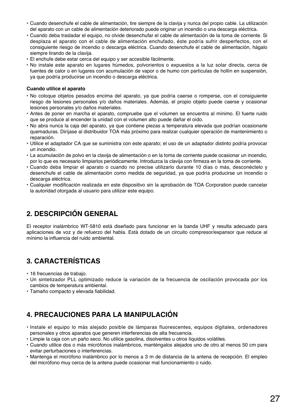 Descripción general, Características, Precauciones para la manipulación | Toa WT-5810 User Manual | Page 27 / 45