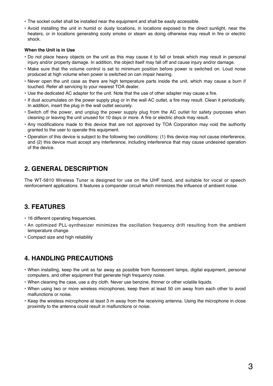 General description, Features, Handling precautions | Toa WT-5810 User Manual | Page 3 / 45