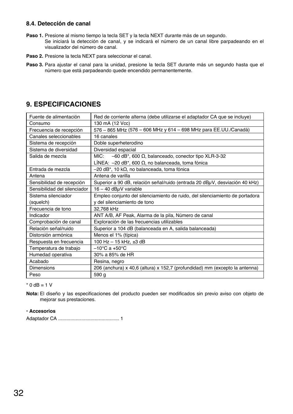 Especificaciones, Detección de canal | Toa WT-5810 User Manual | Page 32 / 45