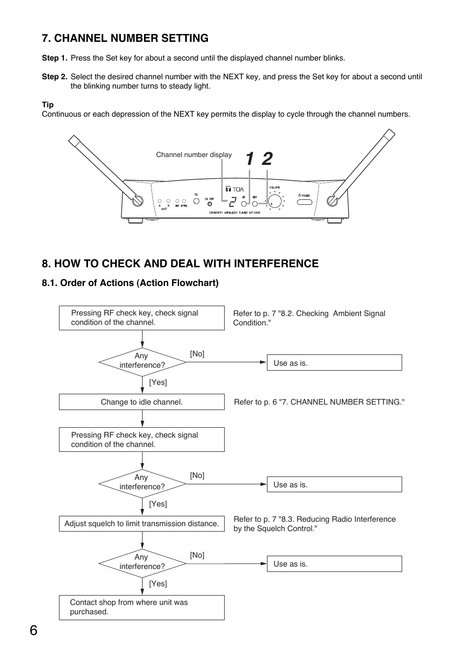 How to check and deal with interference, Channel number setting | Toa WT-5810 User Manual | Page 6 / 45