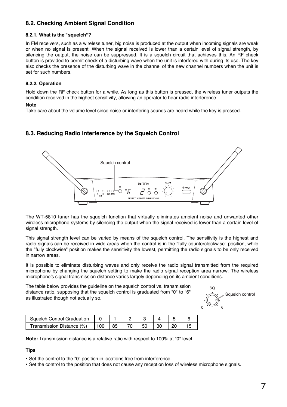 Checking ambient signal condition, Reducing radio interference by the squelch control | Toa WT-5810 User Manual | Page 7 / 45