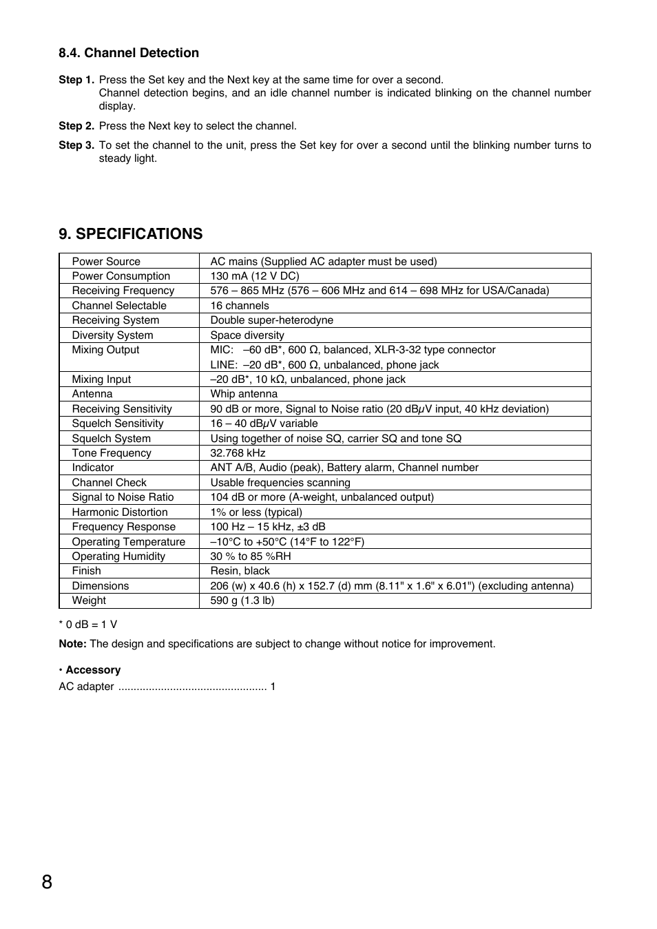 Specifications, Channel detection | Toa WT-5810 User Manual | Page 8 / 45