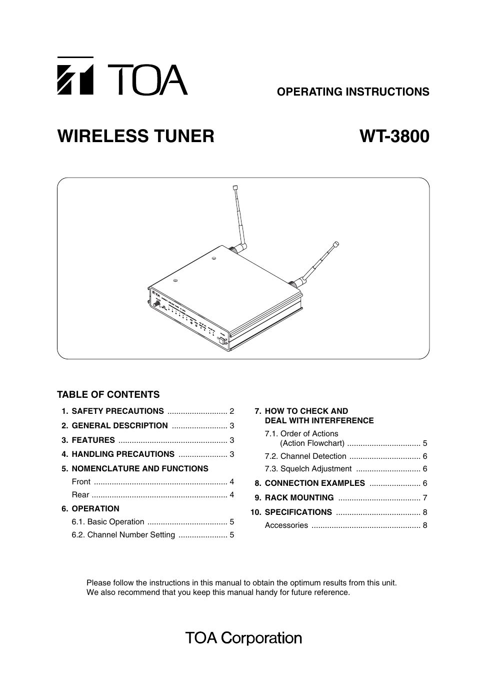 Toa WT-3800 User Manual | 8 pages