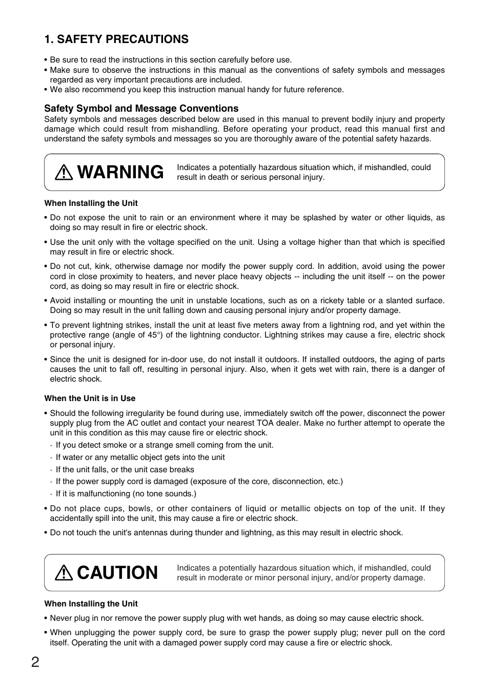 Caution, Warning, Safety precautions | Toa WT-3800 User Manual | Page 2 / 8