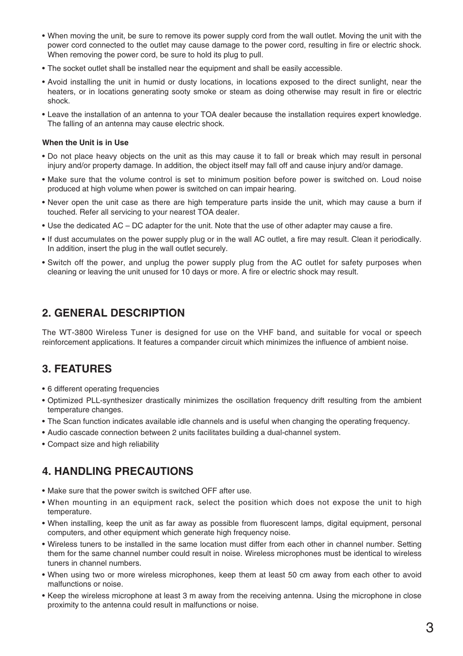 General description, Features, Handling precautions | Toa WT-3800 User Manual | Page 3 / 8