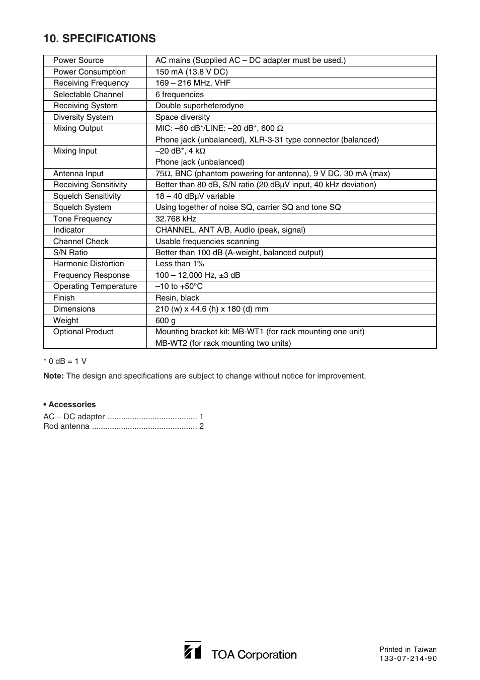 Specifications | Toa WT-3800 User Manual | Page 8 / 8