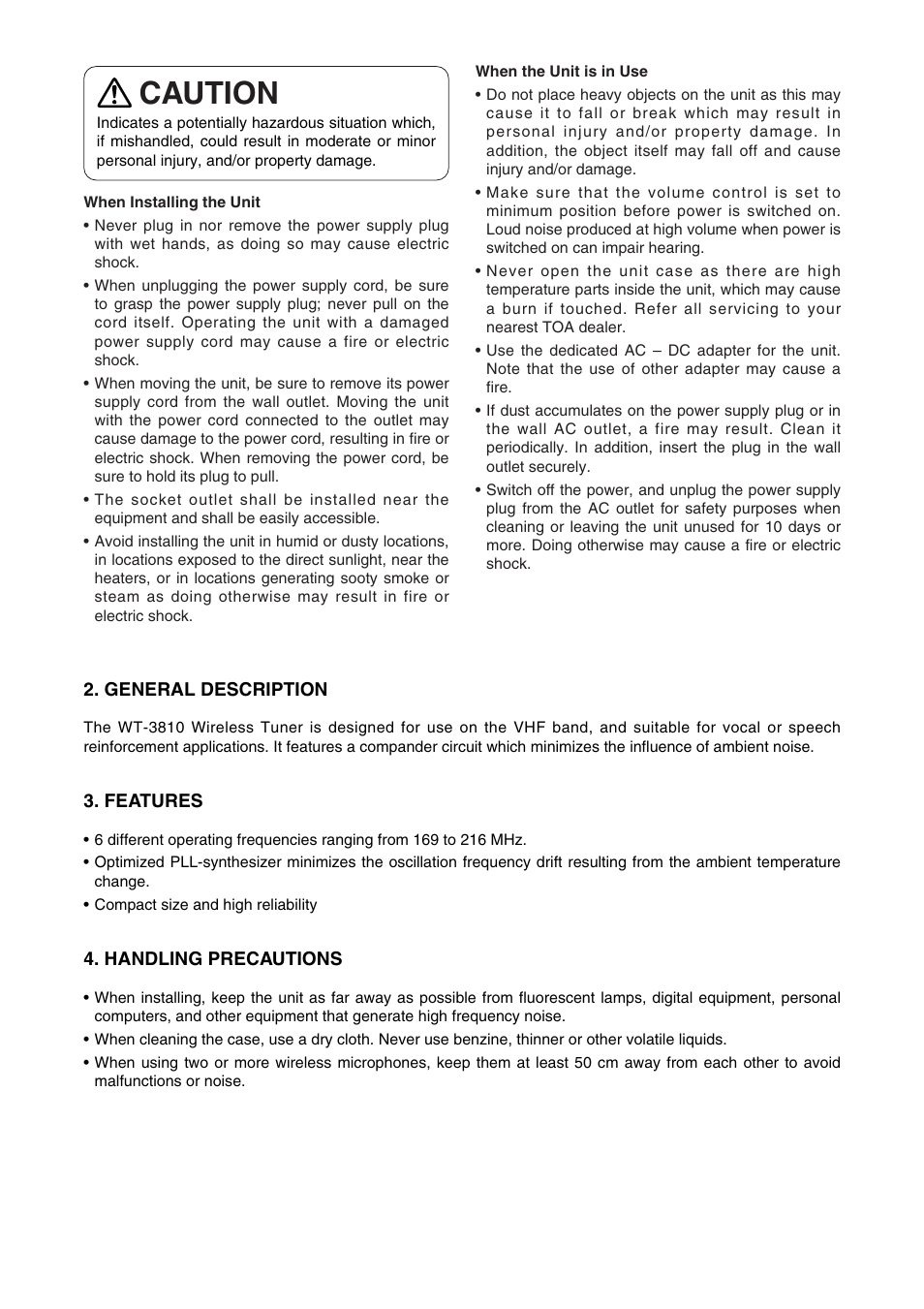 Caution | Toa WT-3810 User Manual | Page 2 / 4