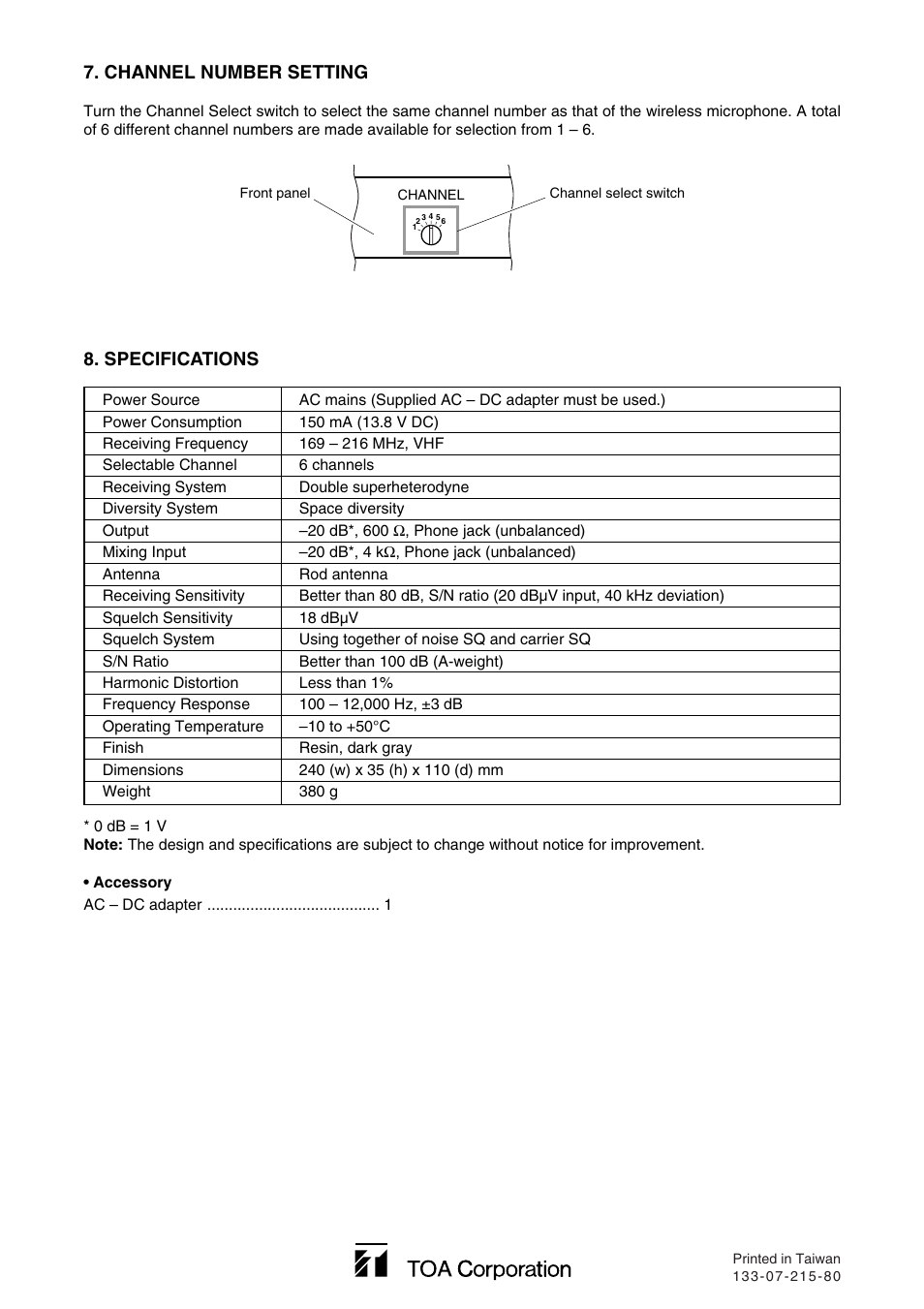 Channel number setting, Specifications | Toa WT-3810 User Manual | Page 4 / 4