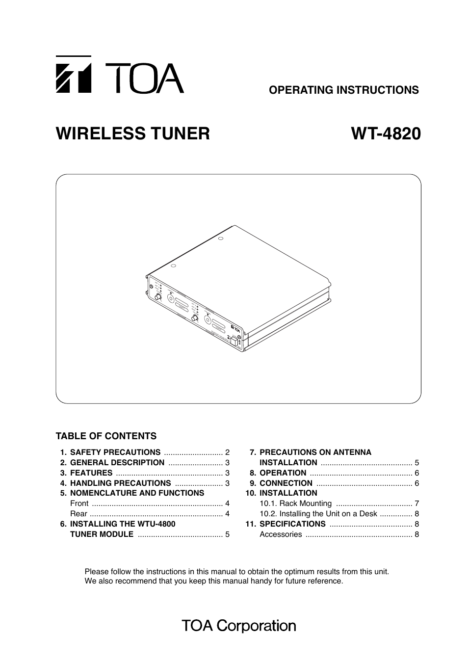 Toa WT-4820 User Manual | 8 pages