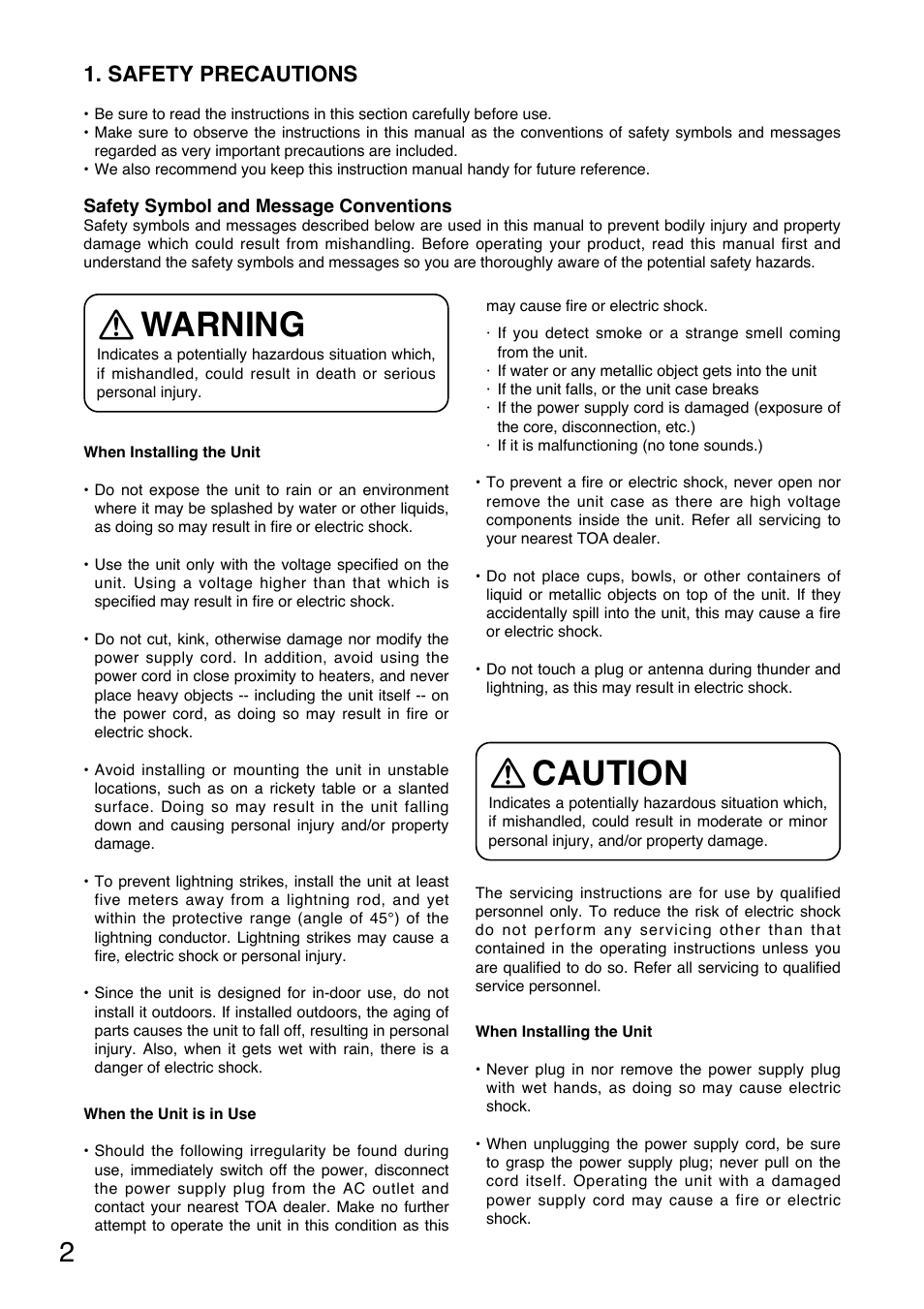 Warning, Caution, Safety precautions | Toa WT-4820 User Manual | Page 2 / 8