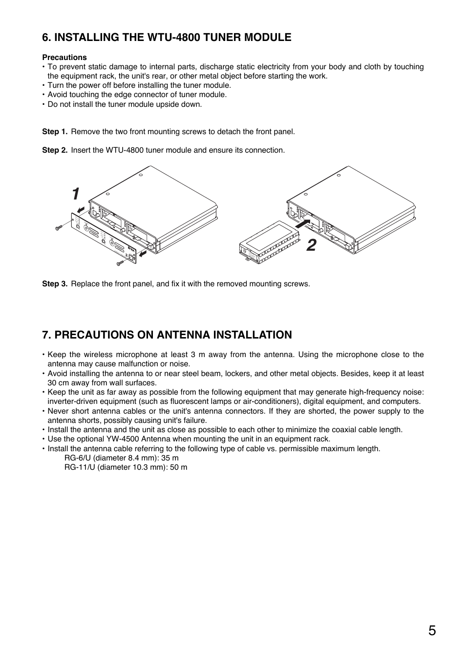 Installing the wtu-4800 tuner module, Precautions on antenna installation | Toa WT-4820 User Manual | Page 5 / 8