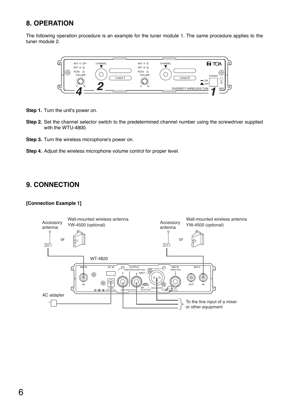 Connection, Operation, Connection example 1 | Toa WT-4820 User Manual | Page 6 / 8