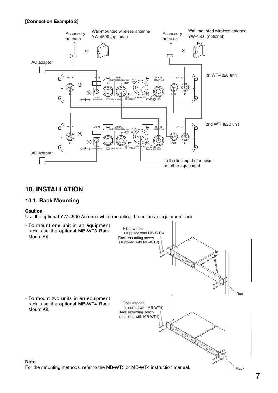 Installation, Rack mounting, Connection example 2 | Toa WT-4820 User Manual | Page 7 / 8