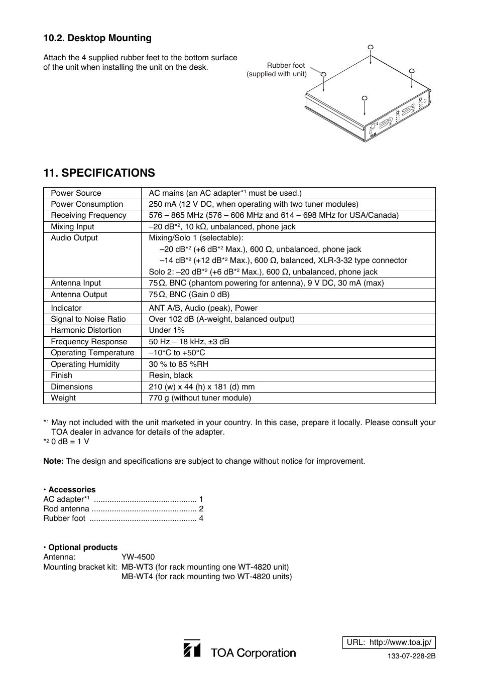 Specifications, Desktop mounting, 6 db | 12 db, Rubber foot (supplied with unit) | Toa WT-4820 User Manual | Page 8 / 8