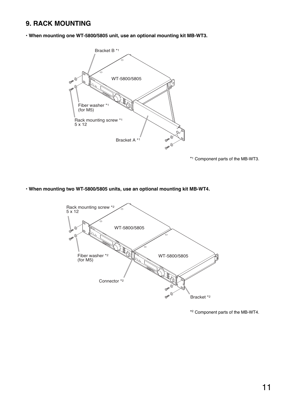 Rack mounting, Fiber washer, For m5) rack mounting screw | 5 x 12, Bracket a, Bracket b, 5 x 12 bracket, Connector, Component parts of the mb-wt3, Component parts of the mb-wt4 | Toa WT-5805 User Manual | Page 11 / 64