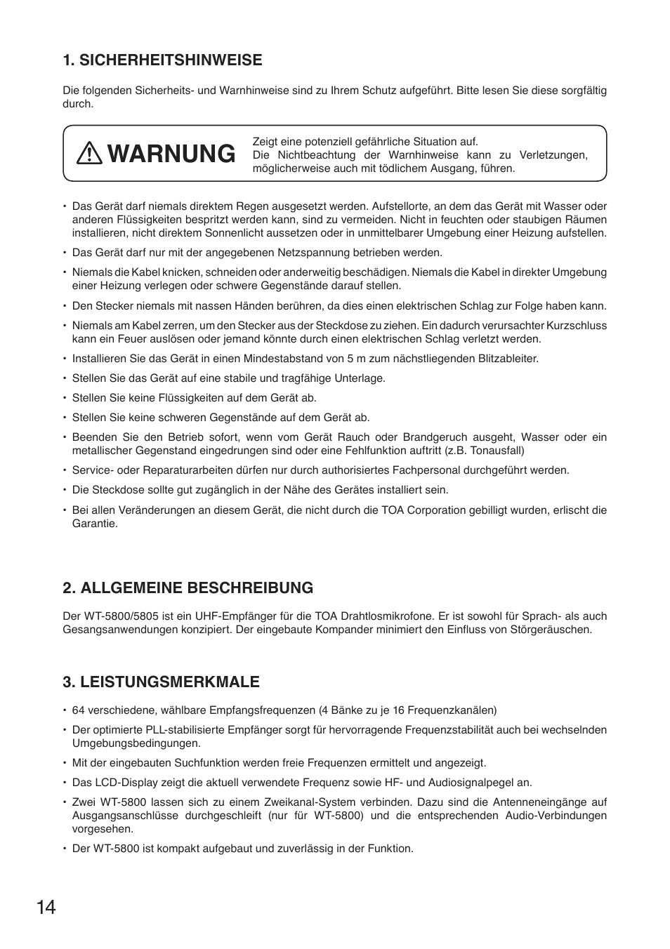 Warnung, Allgemeine beschreibung, Leistungsmerkmale | Sicherheitshinweise | Toa WT-5805 User Manual | Page 14 / 64