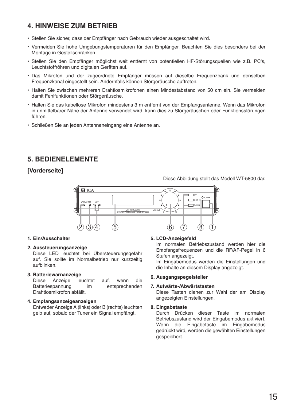 Hinweise zum betrieb, Bedienelemente, Vorderseite | Toa WT-5805 User Manual | Page 15 / 64