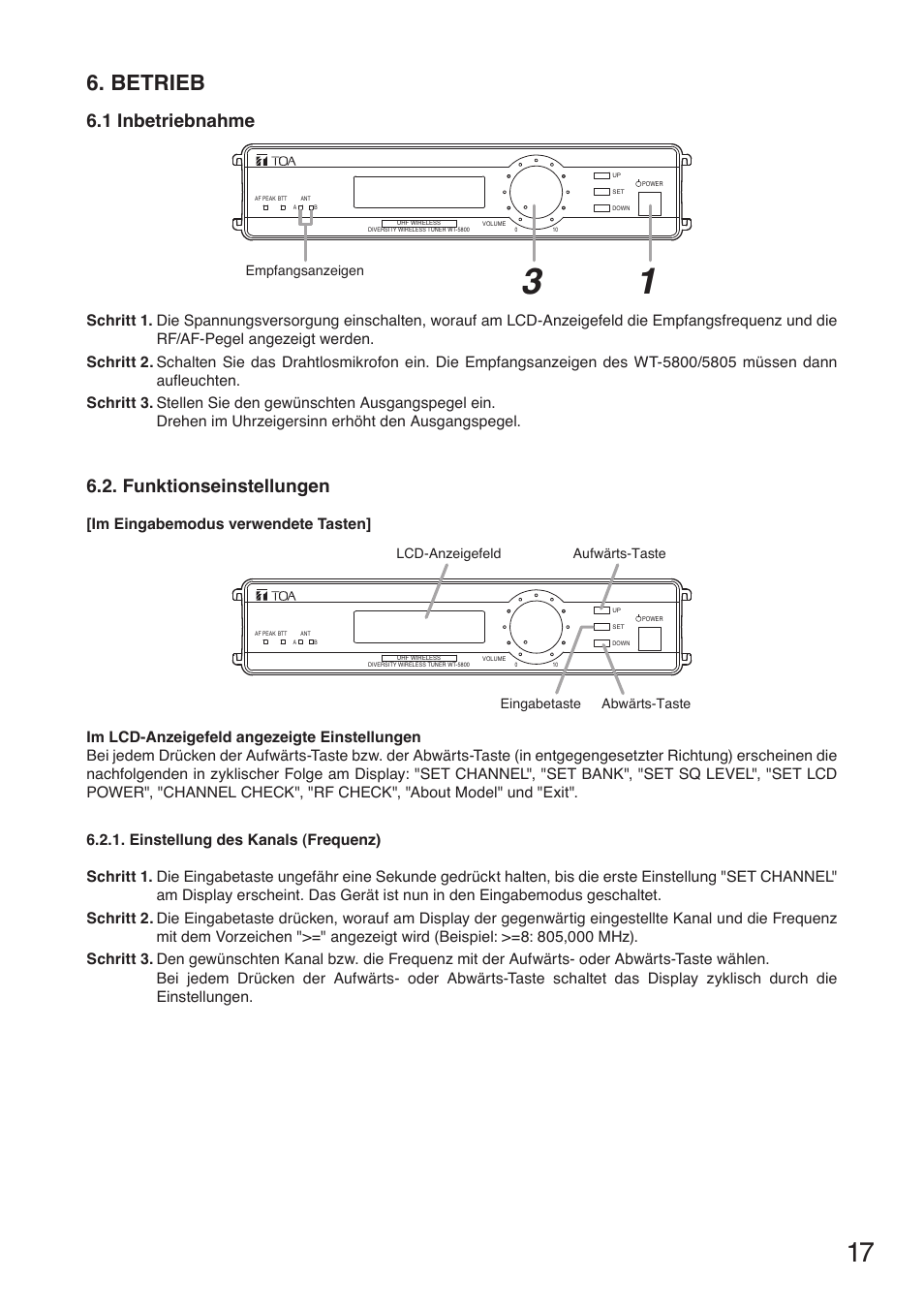 Betrieb, 1 inbetriebnahme, Funktionseinstellungen | Toa WT-5805 User Manual | Page 17 / 64