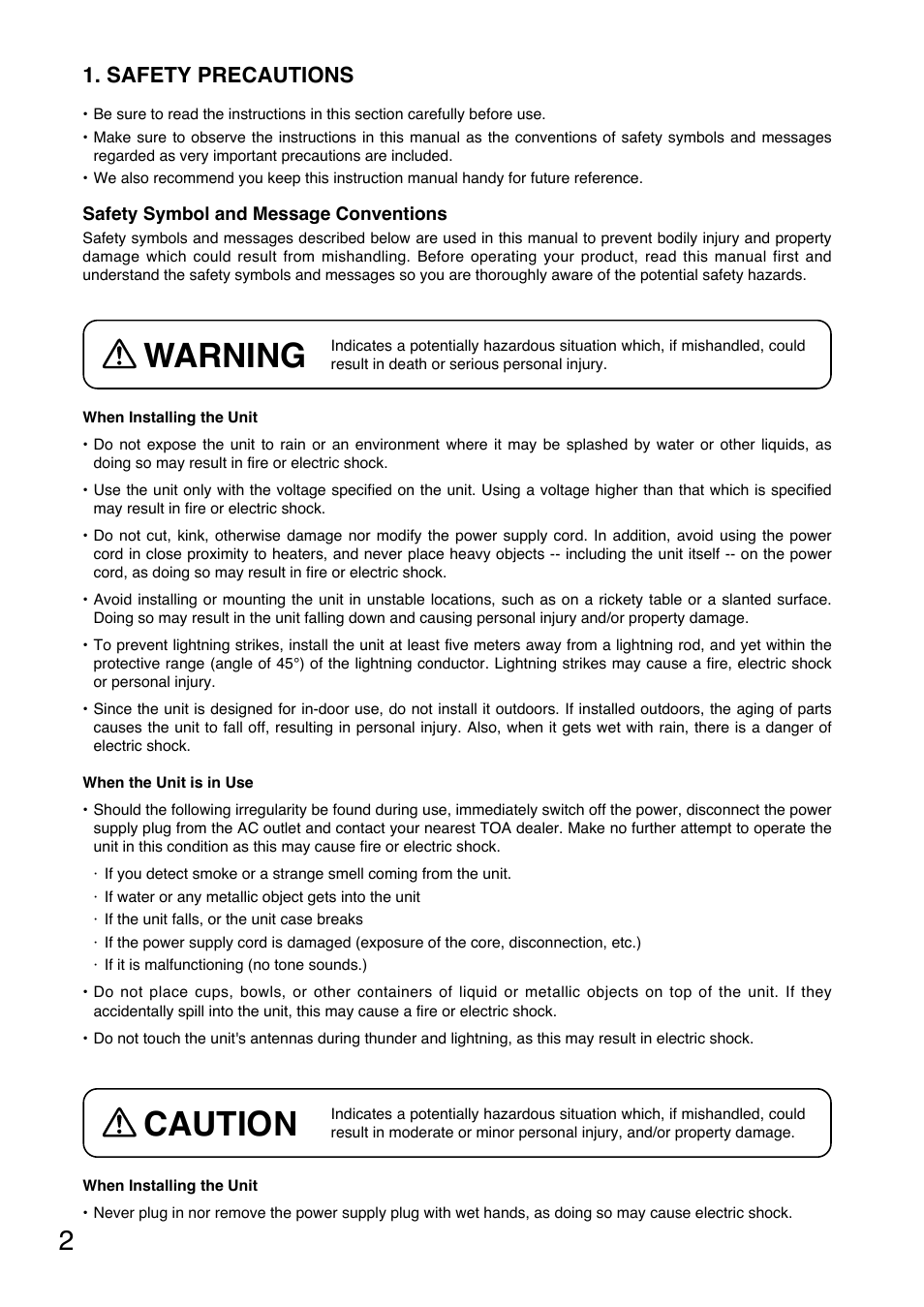 Warning, Caution, Safety precautions | Toa WT-5805 User Manual | Page 2 / 64