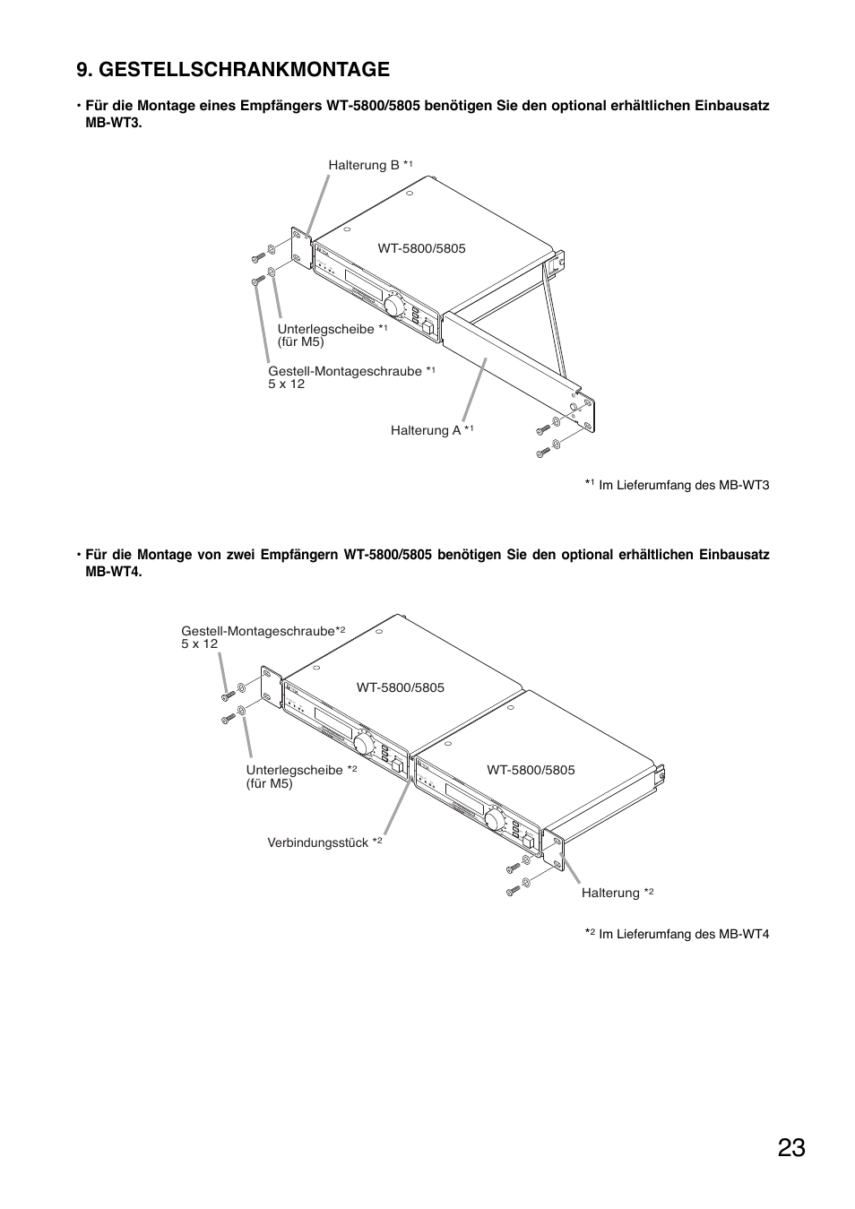 Gestellschrankmontage, Unterlegscheibe, Für m5) gestell-montageschraube | 5 x 12, Halterung a, Halterung b, Verbindungsstück, 5 x 12 halterung, Im lieferumfang des mb-wt3, Im lieferumfang des mb-wt4 | Toa WT-5805 User Manual | Page 23 / 64