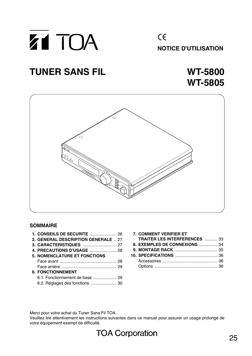 Notice d'utilisation, Sommaire | Toa WT-5805 User Manual | Page 25 / 64