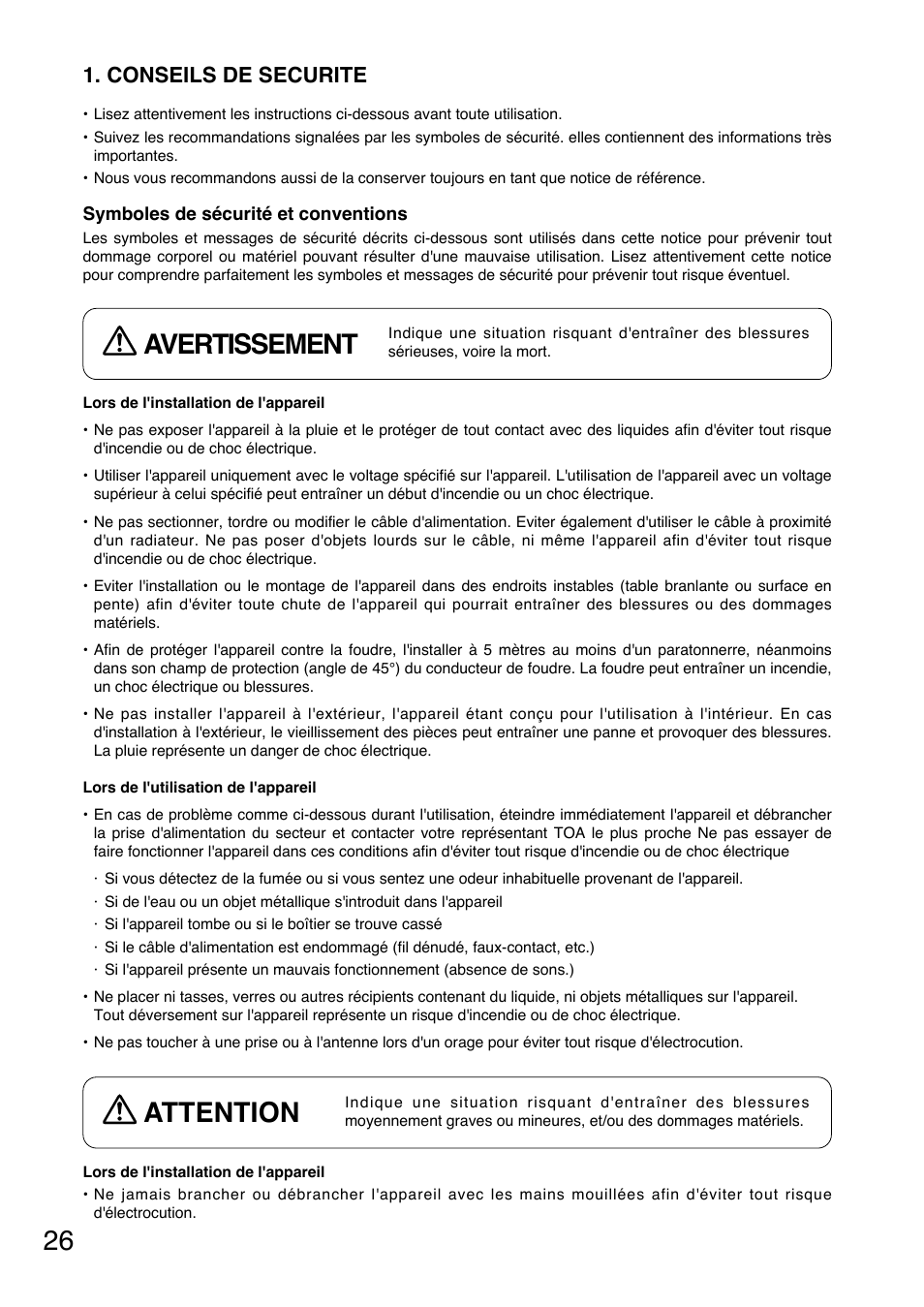 Avertissement, Attention, Conseils de securite | Toa WT-5805 User Manual | Page 26 / 64