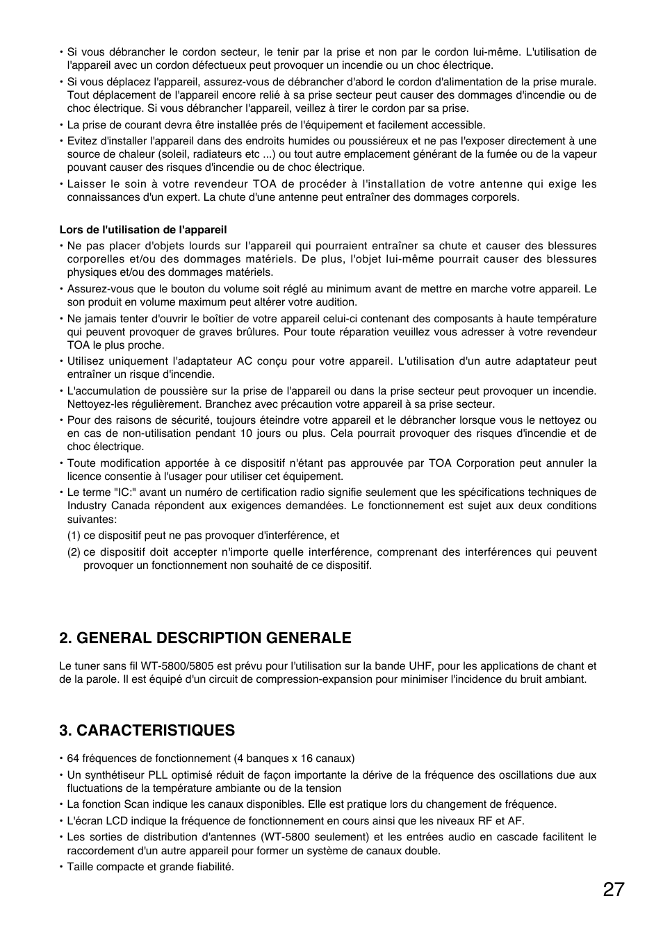 General description generale, Caracteristiques | Toa WT-5805 User Manual | Page 27 / 64