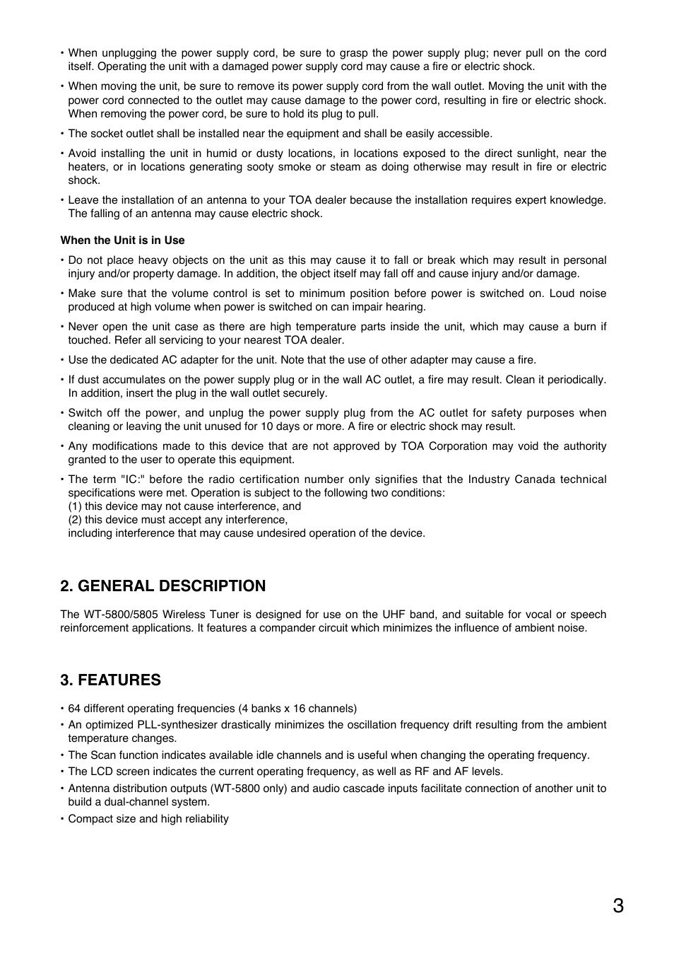 General description, Features | Toa WT-5805 User Manual | Page 3 / 64