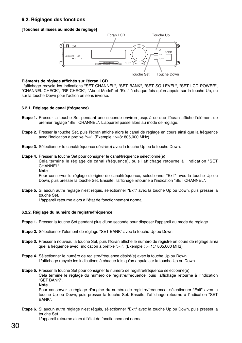 Réglages des fonctions | Toa WT-5805 User Manual | Page 30 / 64