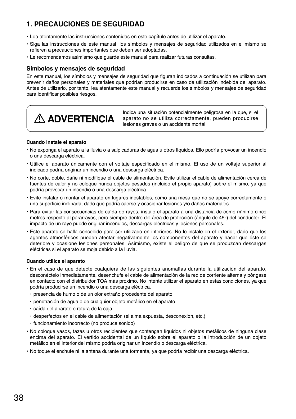 Advertencia, Precauciones de seguridad | Toa WT-5805 User Manual | Page 38 / 64