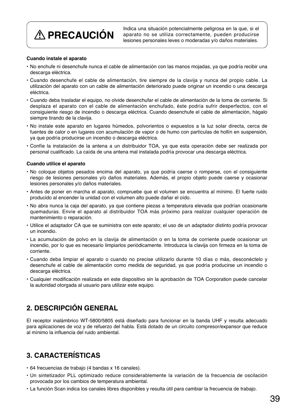 Precaución, Descripción general, Características | Toa WT-5805 User Manual | Page 39 / 64