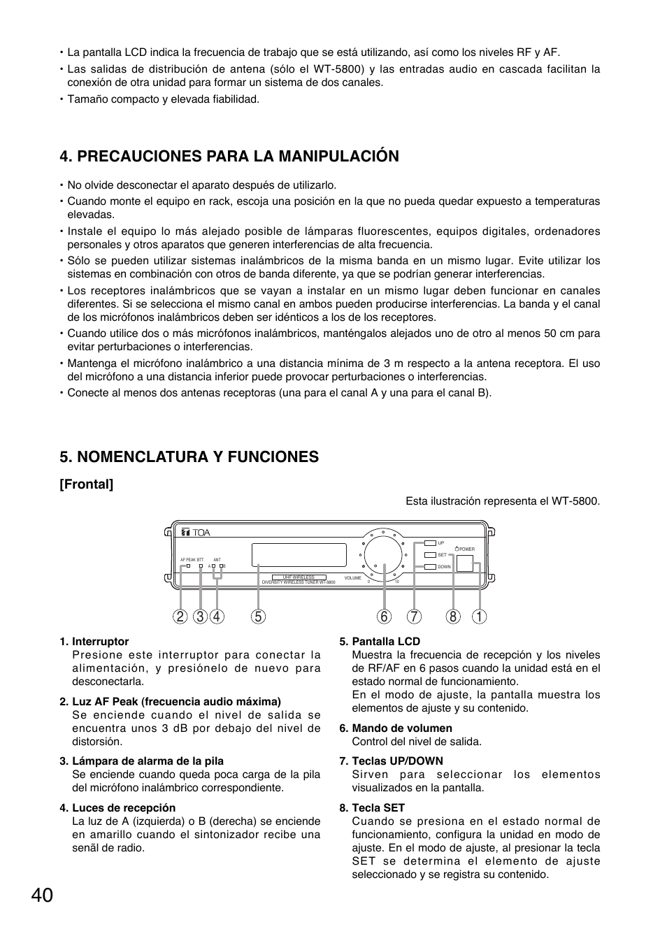 Precauciones para la manipulación, Nomenclatura y funciones, Frontal | Toa WT-5805 User Manual | Page 40 / 64